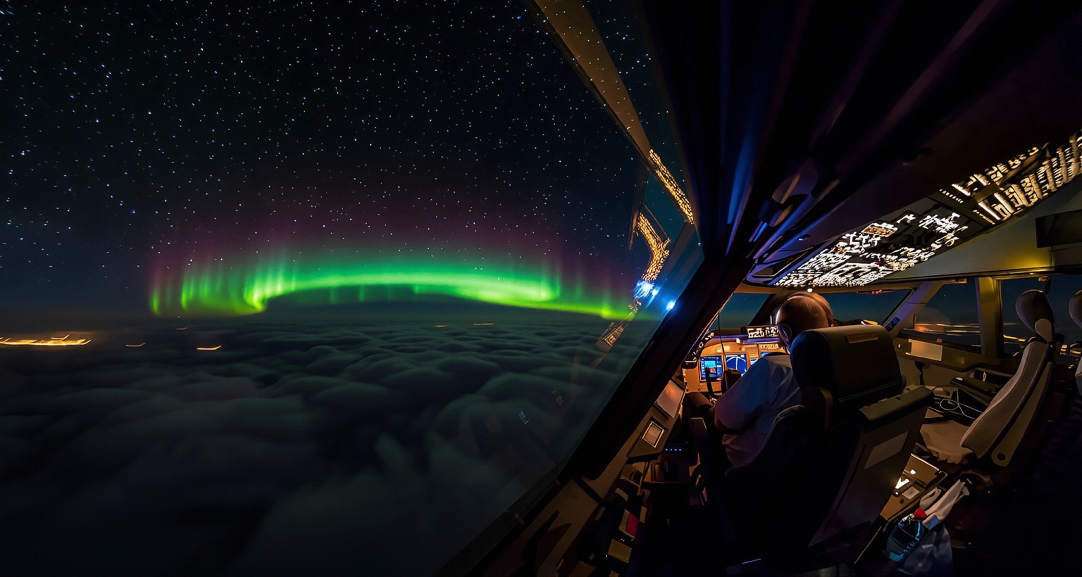 Aurora boreal observada desde la cabina de una aeronave en vuelo nocturno.